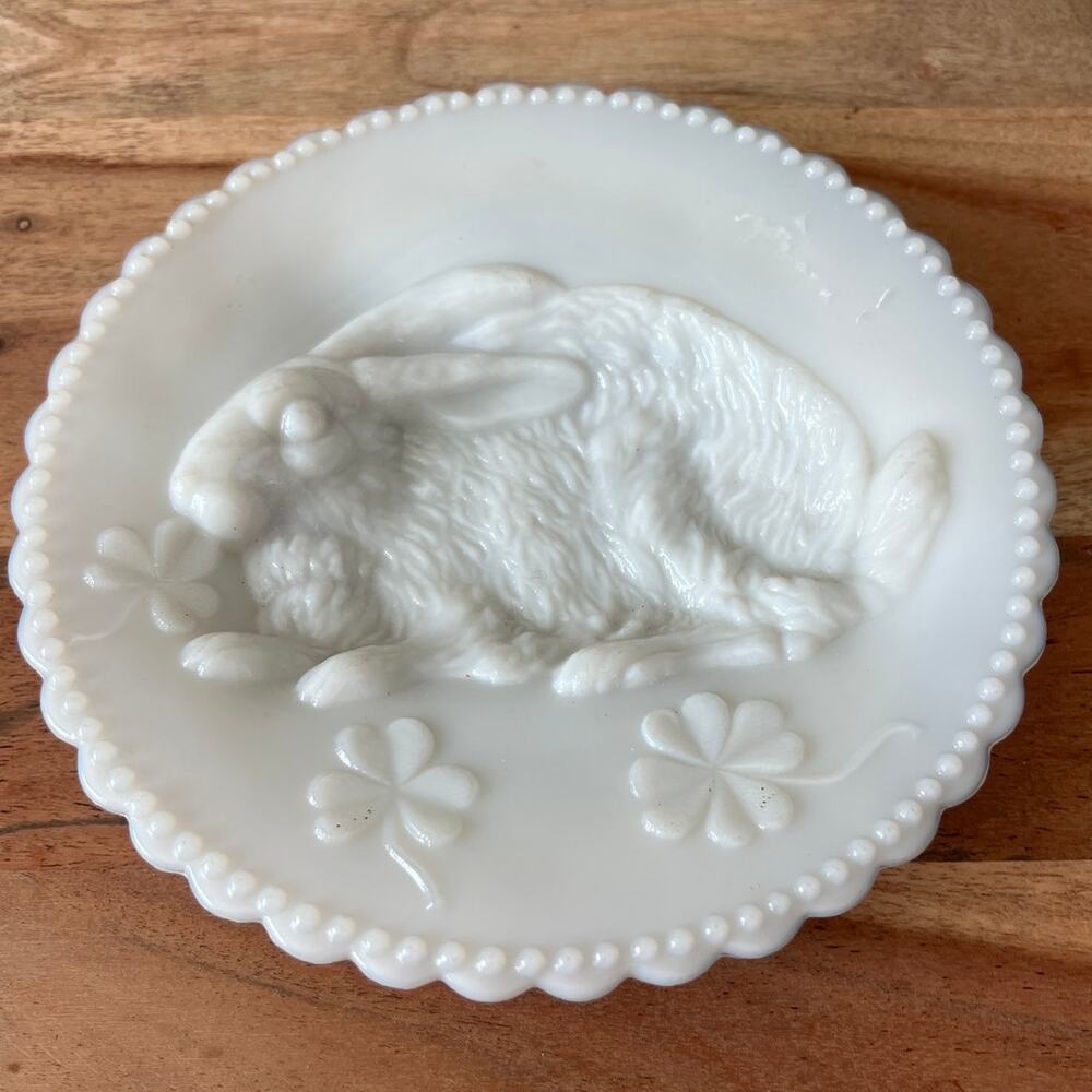 vintage Fenton milk glass plate dish rabbit cottage core shamrock clovers